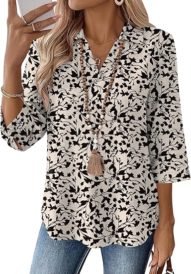 Womens 3/4 Sleeve Tops V Neck Cotton Linen Work Blouse Polo Shirts for Women Business Casual 2026